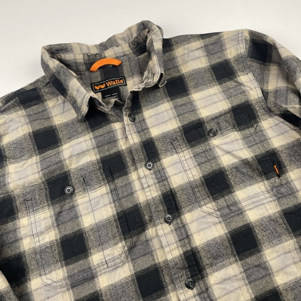 Walls Flannel Shirt Men's XL Plaid Black Gray Long Sleeve Button Up Workwear